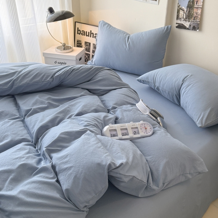 91家纺网 家纺一手货源 找家纺 桔禾家纺 2025新款ins风纯色水洗棉四件套双拼水洗棉学生三件套四件套 宾利蓝