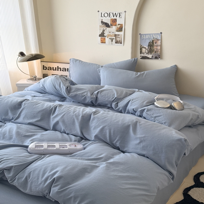 91家纺网 家纺一手货源 找家纺 桔禾家纺 2025新款ins风纯色水洗棉四件套双拼水洗棉学生三件套四件套 宾利蓝