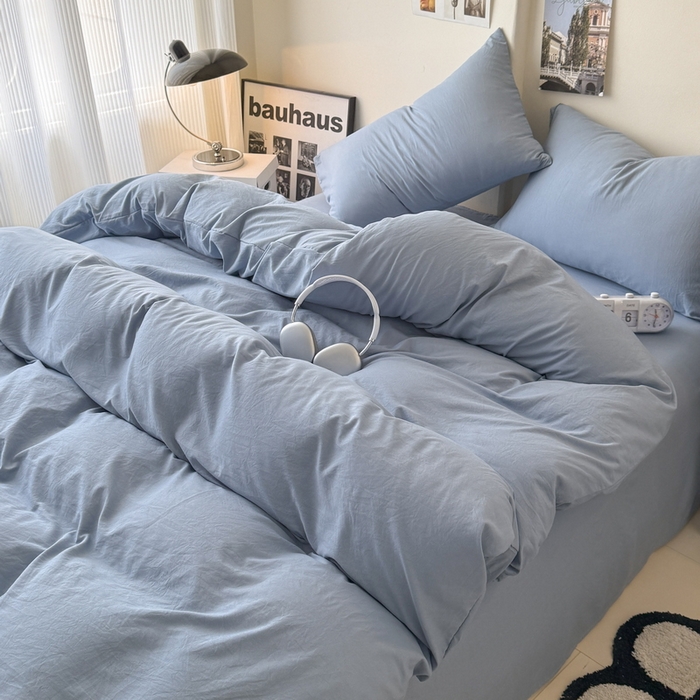 91家纺网 家纺一手货源 找家纺 桔禾家纺 2025新款ins风纯色水洗棉四件套双拼水洗棉学生三件套四件套 宾利蓝