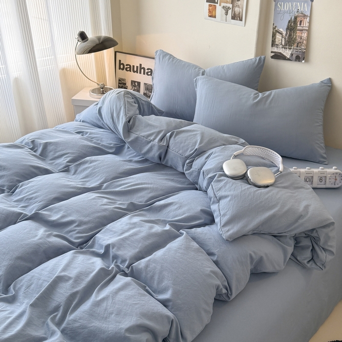 91家纺网 家纺一手货源 找家纺 桔禾家纺 2025新款ins风纯色水洗棉四件套双拼水洗棉学生三件套四件套 宾利蓝