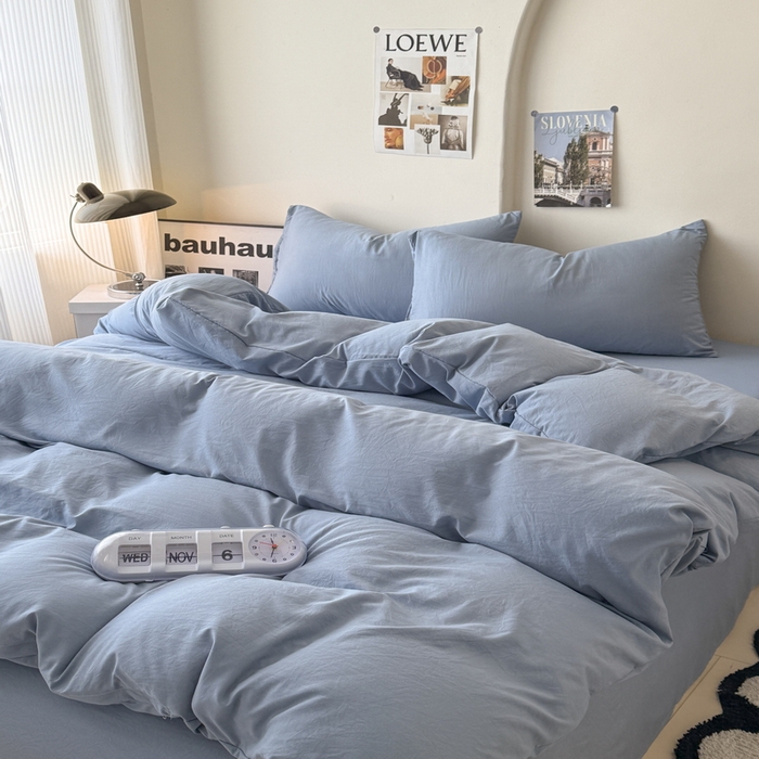 91家纺网 家纺一手货源 找家纺 桔禾家纺 2025新款ins风纯色水洗棉四件套双拼水洗棉学生三件套四件套 宾利蓝