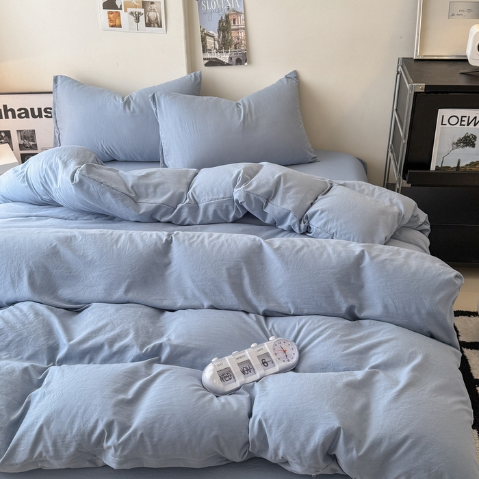 91家纺网 家纺一手货源 找家纺 桔禾家纺 2025新款ins风纯色水洗棉四件套双拼水洗棉学生三件套四件套 宾利蓝