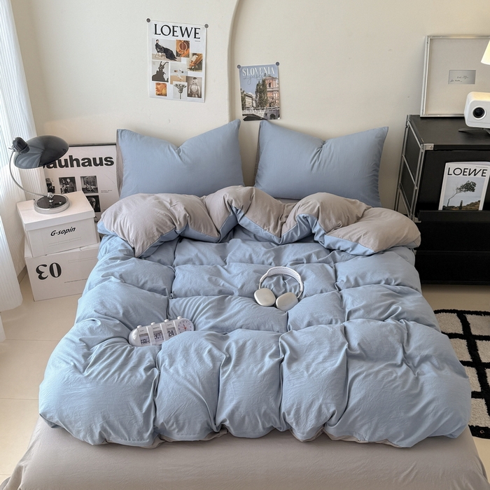 桔禾家纺 2025新款ins风纯色水洗棉四件套双拼水洗棉学生三件套四件套 宾利蓝浅灰