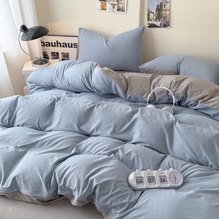 91家纺网 家纺一手货源 找家纺 桔禾家纺 2025新款ins风纯色水洗棉四件套双拼水洗棉学生三件套四件套 宾利蓝浅灰