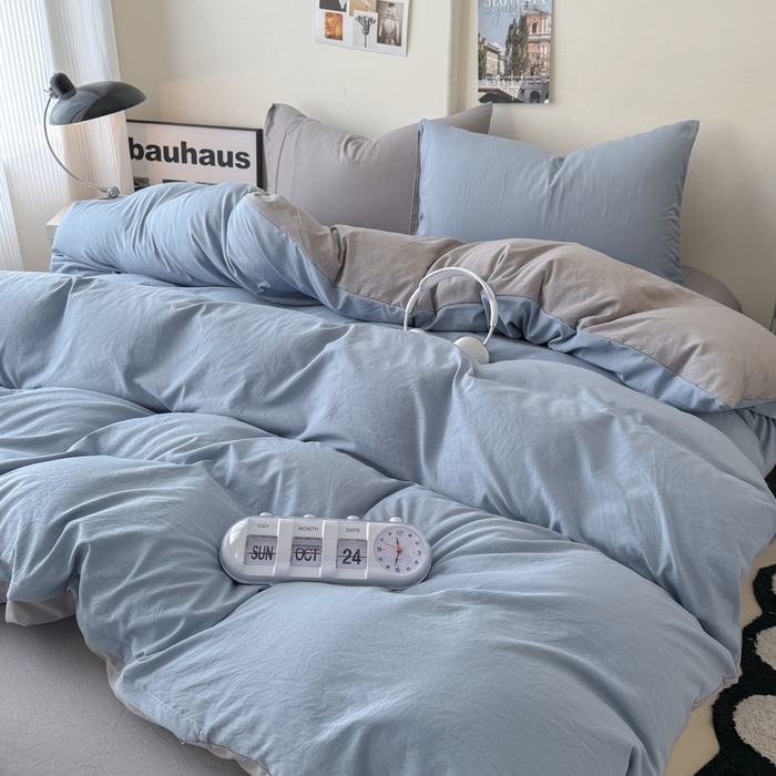 91家纺网 家纺一手货源 找家纺 桔禾家纺 2025新款ins风纯色水洗棉四件套双拼水洗棉学生三件套四件套 宾利蓝浅灰