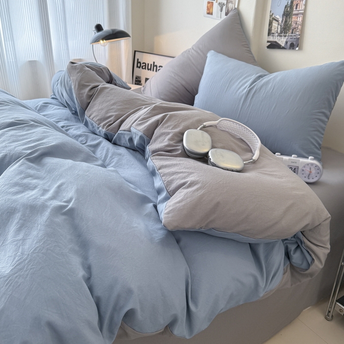 91家纺网 家纺一手货源 找家纺 桔禾家纺 2025新款ins风纯色水洗棉四件套双拼水洗棉学生三件套四件套 宾利蓝浅灰