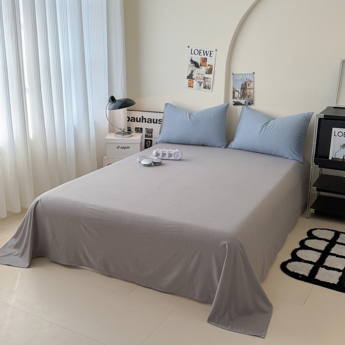 91家纺网 家纺一手货源 找家纺 桔禾家纺 2025新款ins风纯色水洗棉四件套双拼水洗棉学生三件套四件套 宾利蓝浅灰