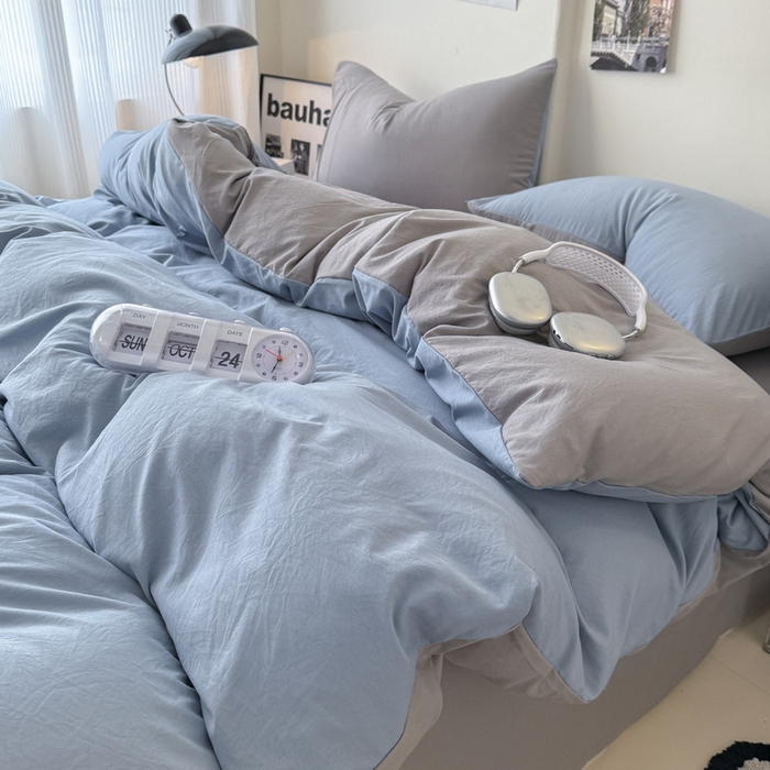 91家纺网 家纺一手货源 找家纺 桔禾家纺 2025新款ins风纯色水洗棉四件套双拼水洗棉学生三件套四件套 宾利蓝浅灰