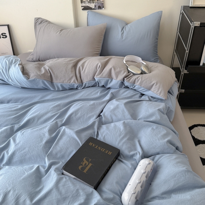 91家纺网 家纺一手货源 找家纺 桔禾家纺 2025新款ins风纯色水洗棉四件套双拼水洗棉学生三件套四件套 宾利蓝浅灰