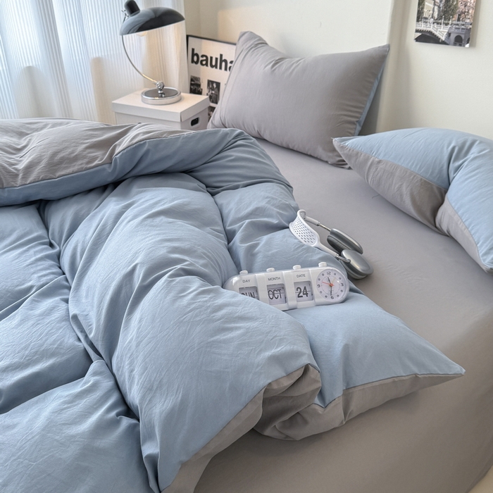 91家纺网 家纺一手货源 找家纺 桔禾家纺 2025新款ins风纯色水洗棉四件套双拼水洗棉学生三件套四件套 宾利蓝浅灰