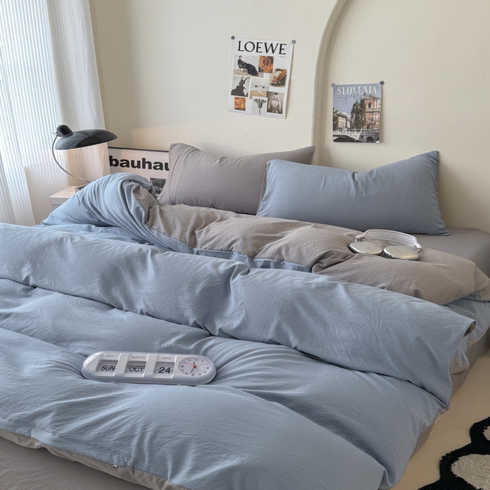 91家纺网 家纺一手货源 找家纺 桔禾家纺 2025新款ins风纯色水洗棉四件套双拼水洗棉学生三件套四件套 宾利蓝浅灰