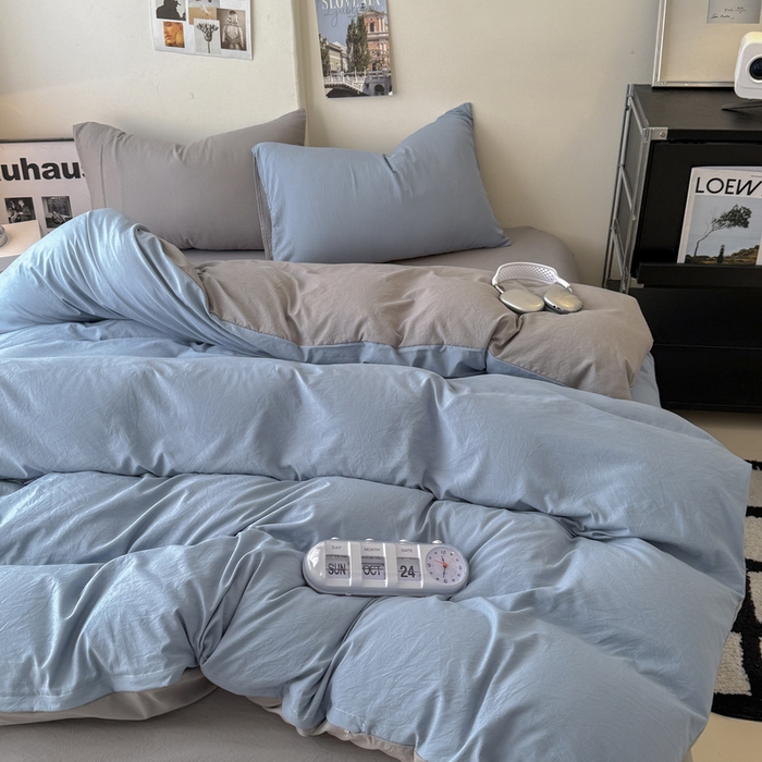 91家纺网 家纺一手货源 找家纺 桔禾家纺 2025新款ins风纯色水洗棉四件套双拼水洗棉学生三件套四件套 宾利蓝浅灰