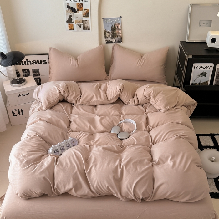 桔禾家纺 2025新款ins风纯色水洗棉四件套双拼水洗棉学生三件套四件套 豆沙