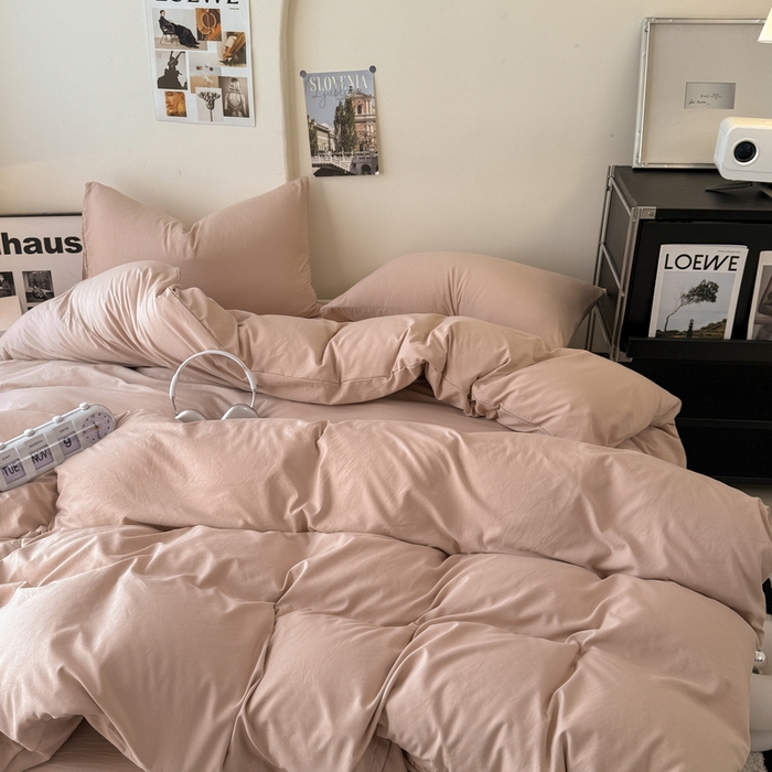 91家纺网 家纺一手货源 找家纺 桔禾家纺 2025新款ins风纯色水洗棉四件套双拼水洗棉学生三件套四件套 豆沙