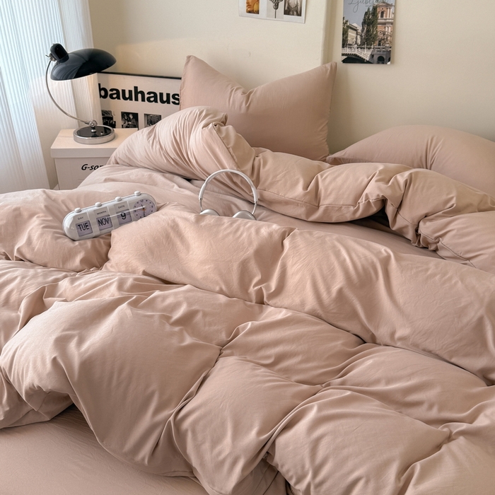 91家纺网 家纺一手货源 找家纺 桔禾家纺 2025新款ins风纯色水洗棉四件套双拼水洗棉学生三件套四件套 豆沙