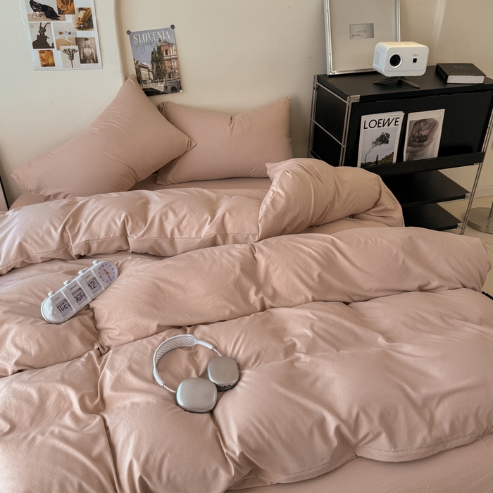 91家纺网 家纺一手货源 找家纺 桔禾家纺 2025新款ins风纯色水洗棉四件套双拼水洗棉学生三件套四件套 豆沙