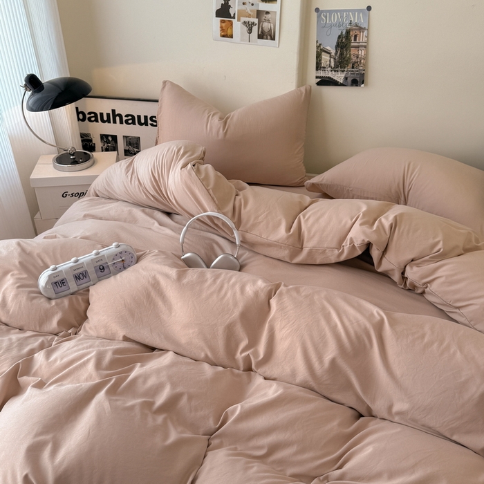 91家纺网 家纺一手货源 找家纺 桔禾家纺 2025新款ins风纯色水洗棉四件套双拼水洗棉学生三件套四件套 豆沙