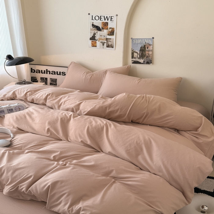 91家纺网 家纺一手货源 找家纺 桔禾家纺 2025新款ins风纯色水洗棉四件套双拼水洗棉学生三件套四件套 豆沙