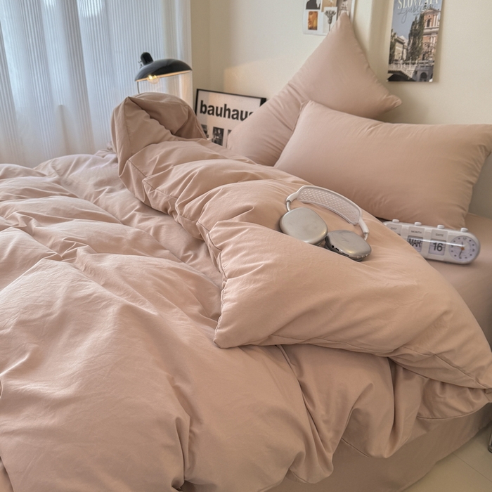 91家纺网 家纺一手货源 找家纺 桔禾家纺 2025新款ins风纯色水洗棉四件套双拼水洗棉学生三件套四件套 豆沙