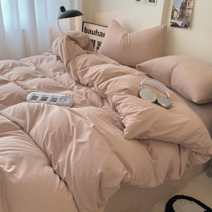 91家纺网 家纺一手货源 找家纺 桔禾家纺 2025新款ins风纯色水洗棉四件套双拼水洗棉学生三件套四件套 豆沙