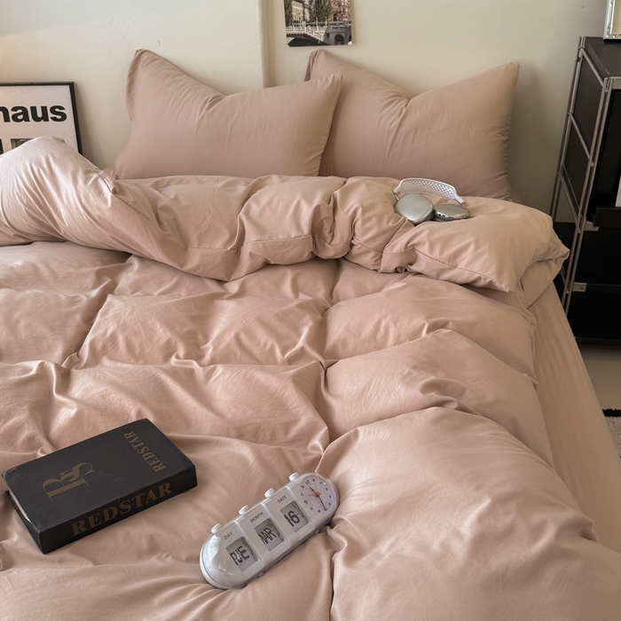 91家纺网 家纺一手货源 找家纺 桔禾家纺 2025新款ins风纯色水洗棉四件套双拼水洗棉学生三件套四件套 豆沙