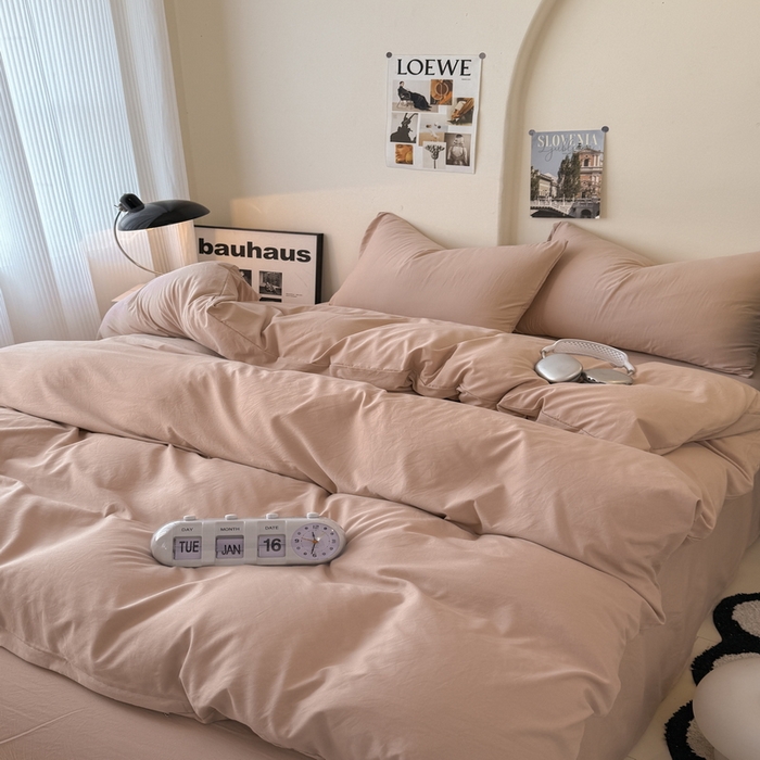 91家纺网 家纺一手货源 找家纺 桔禾家纺 2025新款ins风纯色水洗棉四件套双拼水洗棉学生三件套四件套 豆沙