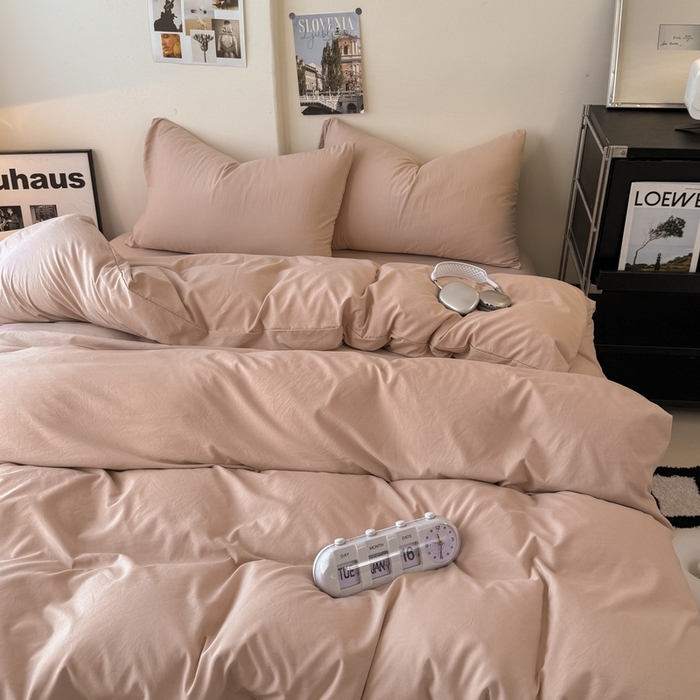 91家纺网 家纺一手货源 找家纺 桔禾家纺 2025新款ins风纯色水洗棉四件套双拼水洗棉学生三件套四件套 豆沙