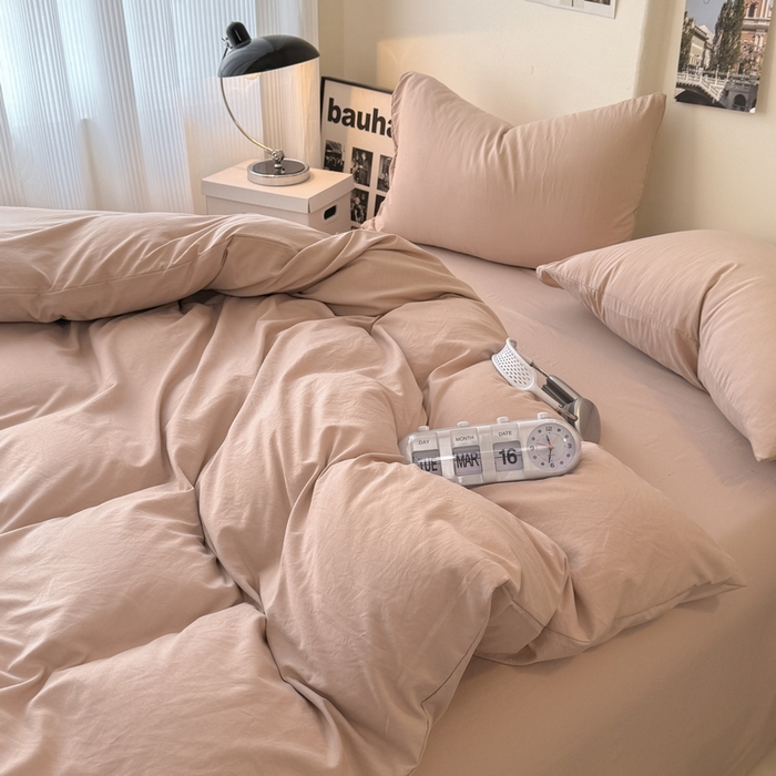 91家纺网 家纺一手货源 找家纺 桔禾家纺 2025新款ins风纯色水洗棉四件套双拼水洗棉学生三件套四件套 豆沙