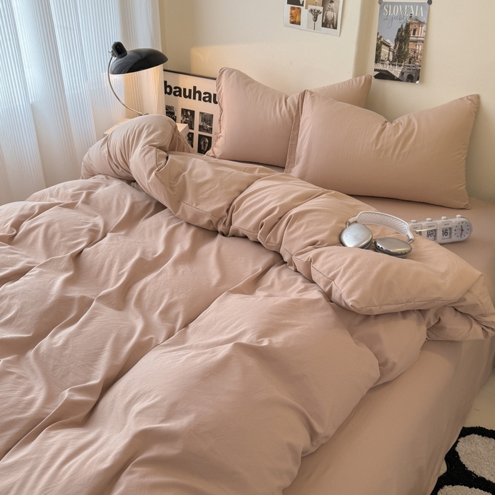 91家纺网 家纺一手货源 找家纺 桔禾家纺 2025新款ins风纯色水洗棉四件套双拼水洗棉学生三件套四件套 豆沙