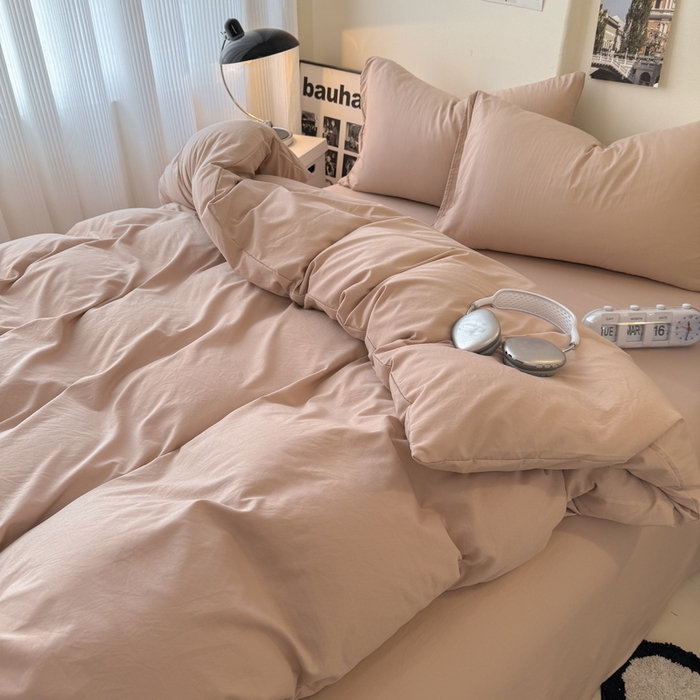 91家纺网 家纺一手货源 找家纺 桔禾家纺 2025新款ins风纯色水洗棉四件套双拼水洗棉学生三件套四件套 豆沙