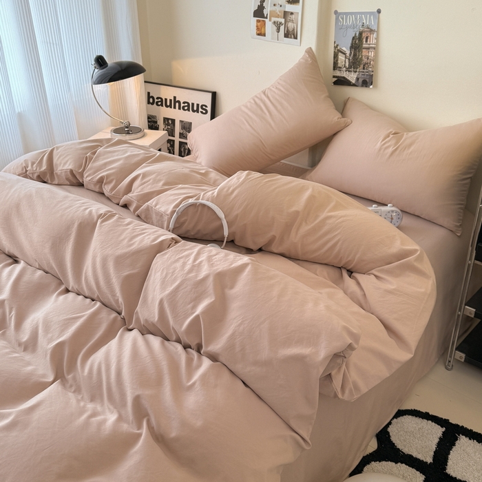 91家纺网 家纺一手货源 找家纺 桔禾家纺 2025新款ins风纯色水洗棉四件套双拼水洗棉学生三件套四件套 豆沙