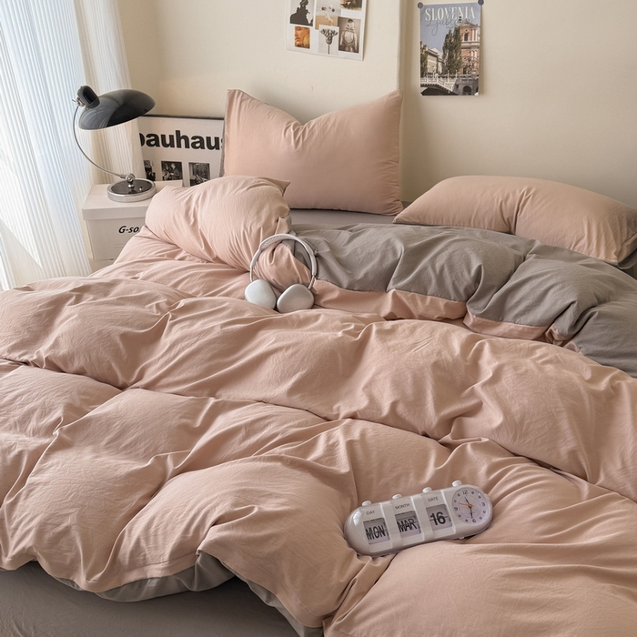 91家纺网 家纺一手货源 找家纺 桔禾家纺 2025新款ins风纯色水洗棉四件套双拼水洗棉学生三件套四件套 豆沙浅灰