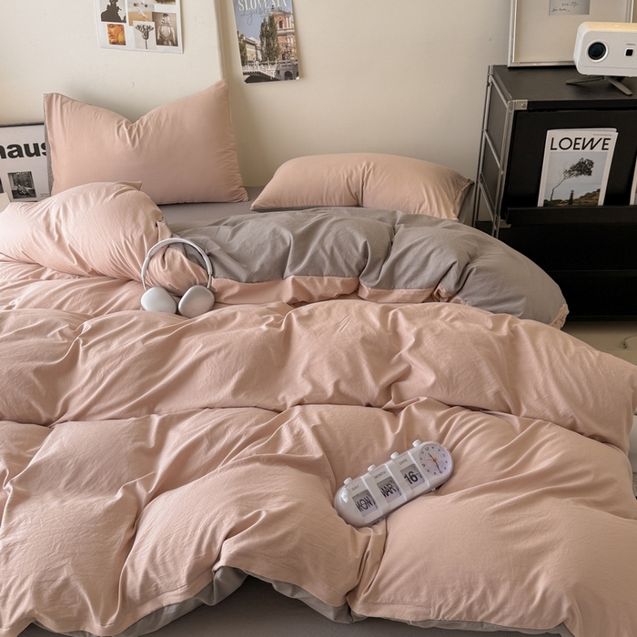 91家纺网 家纺一手货源 找家纺 桔禾家纺 2025新款ins风纯色水洗棉四件套双拼水洗棉学生三件套四件套 豆沙浅灰