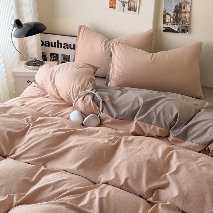 91家纺网 家纺一手货源 找家纺 桔禾家纺 2025新款ins风纯色水洗棉四件套双拼水洗棉学生三件套四件套 豆沙浅灰