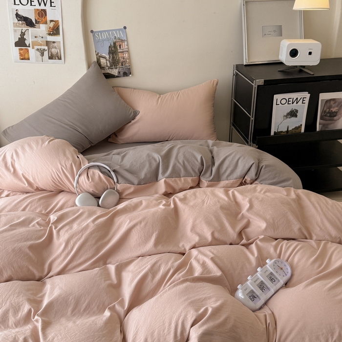 91家纺网 家纺一手货源 找家纺 桔禾家纺 2025新款ins风纯色水洗棉四件套双拼水洗棉学生三件套四件套 豆沙浅灰