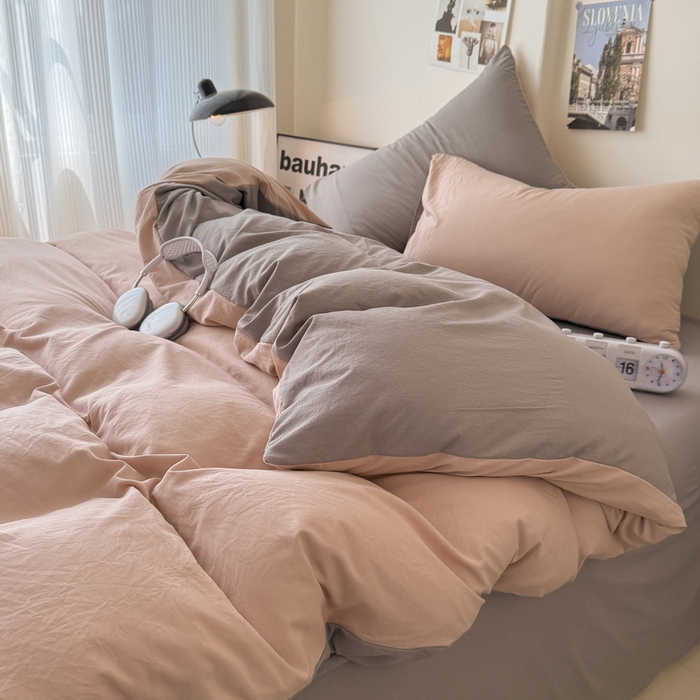 91家纺网 家纺一手货源 找家纺 桔禾家纺 2025新款ins风纯色水洗棉四件套双拼水洗棉学生三件套四件套 豆沙浅灰