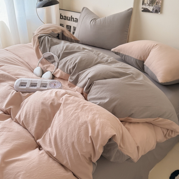 91家纺网 家纺一手货源 找家纺 桔禾家纺 2025新款ins风纯色水洗棉四件套双拼水洗棉学生三件套四件套 豆沙浅灰