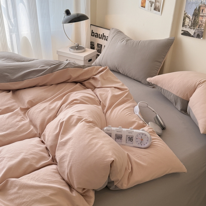 91家纺网 家纺一手货源 找家纺 桔禾家纺 2025新款ins风纯色水洗棉四件套双拼水洗棉学生三件套四件套 豆沙浅灰