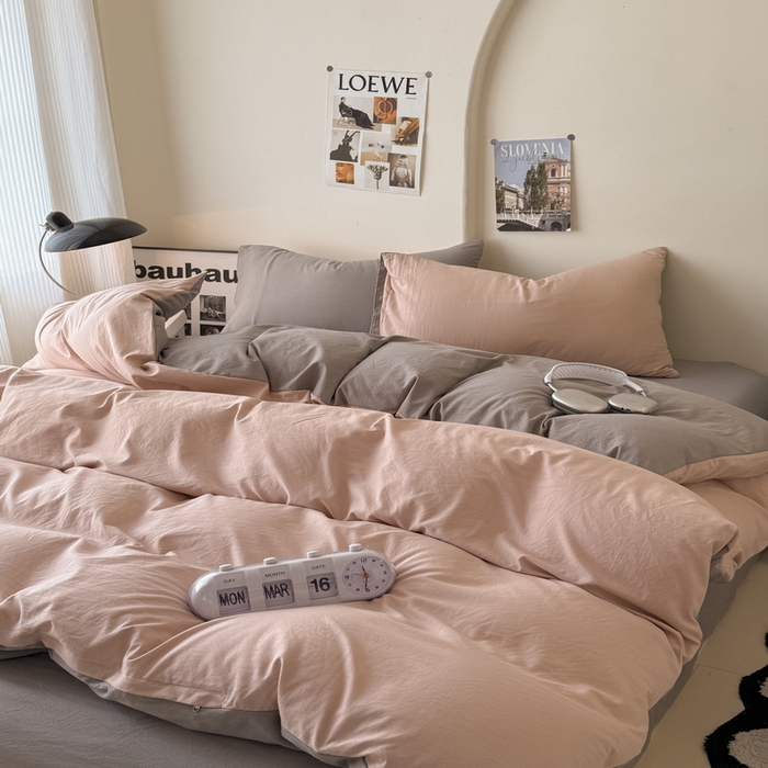 91家纺网 家纺一手货源 找家纺 桔禾家纺 2025新款ins风纯色水洗棉四件套双拼水洗棉学生三件套四件套 豆沙浅灰