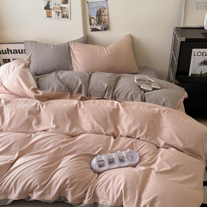 91家纺网 家纺一手货源 找家纺 桔禾家纺 2025新款ins风纯色水洗棉四件套双拼水洗棉学生三件套四件套 豆沙浅灰