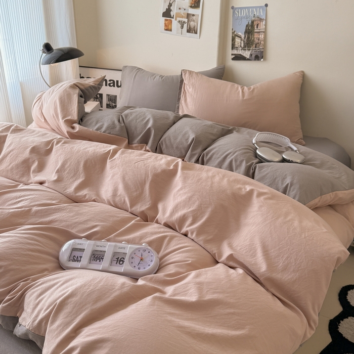 91家纺网 家纺一手货源 找家纺 桔禾家纺 2025新款ins风纯色水洗棉四件套双拼水洗棉学生三件套四件套 豆沙浅灰