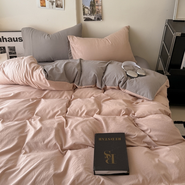 91家纺网 家纺一手货源 找家纺 桔禾家纺 2025新款ins风纯色水洗棉四件套双拼水洗棉学生三件套四件套 豆沙浅灰