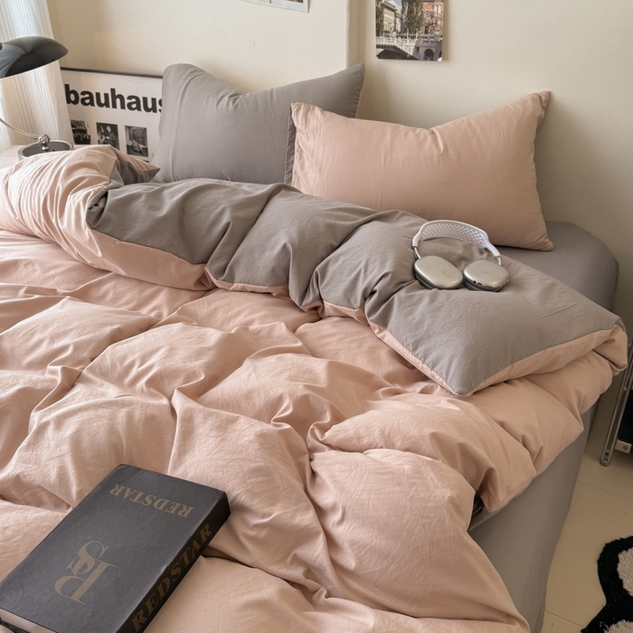 91家纺网 家纺一手货源 找家纺 桔禾家纺 2025新款ins风纯色水洗棉四件套双拼水洗棉学生三件套四件套 豆沙浅灰