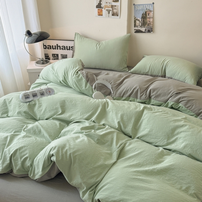 91家纺网 家纺一手货源 找家纺 桔禾家纺 2025新款ins风纯色水洗棉四件套双拼水洗棉学生三件套四件套 果绿浅灰