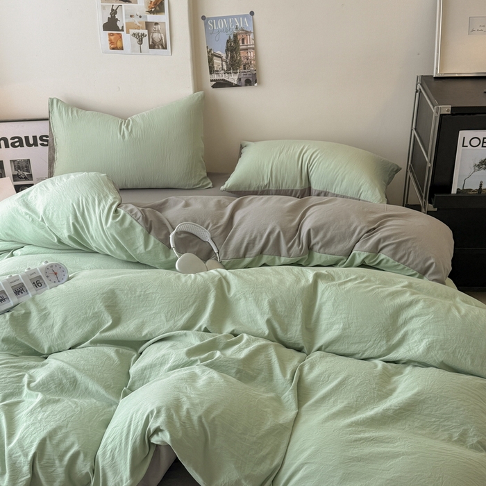 91家纺网 家纺一手货源 找家纺 桔禾家纺 2025新款ins风纯色水洗棉四件套双拼水洗棉学生三件套四件套 果绿浅灰