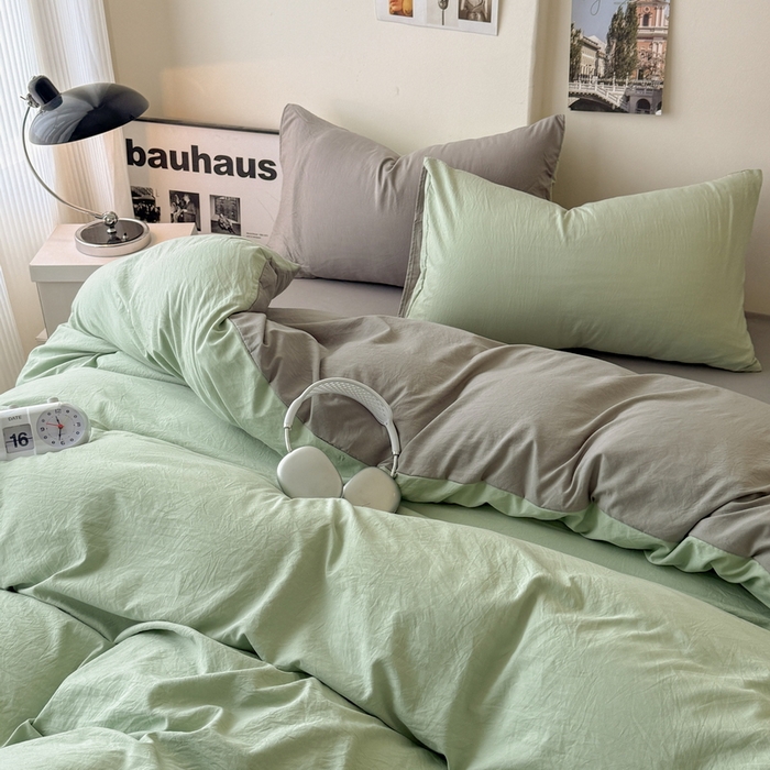 91家纺网 家纺一手货源 找家纺 桔禾家纺 2025新款ins风纯色水洗棉四件套双拼水洗棉学生三件套四件套 果绿浅灰