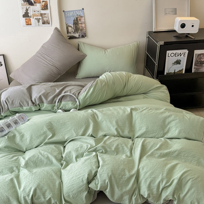 91家纺网 家纺一手货源 找家纺 桔禾家纺 2025新款ins风纯色水洗棉四件套双拼水洗棉学生三件套四件套 果绿浅灰