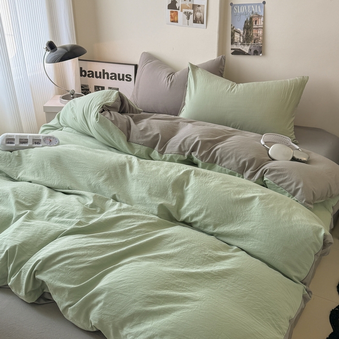 91家纺网 家纺一手货源 找家纺 桔禾家纺 2025新款ins风纯色水洗棉四件套双拼水洗棉学生三件套四件套 果绿浅灰