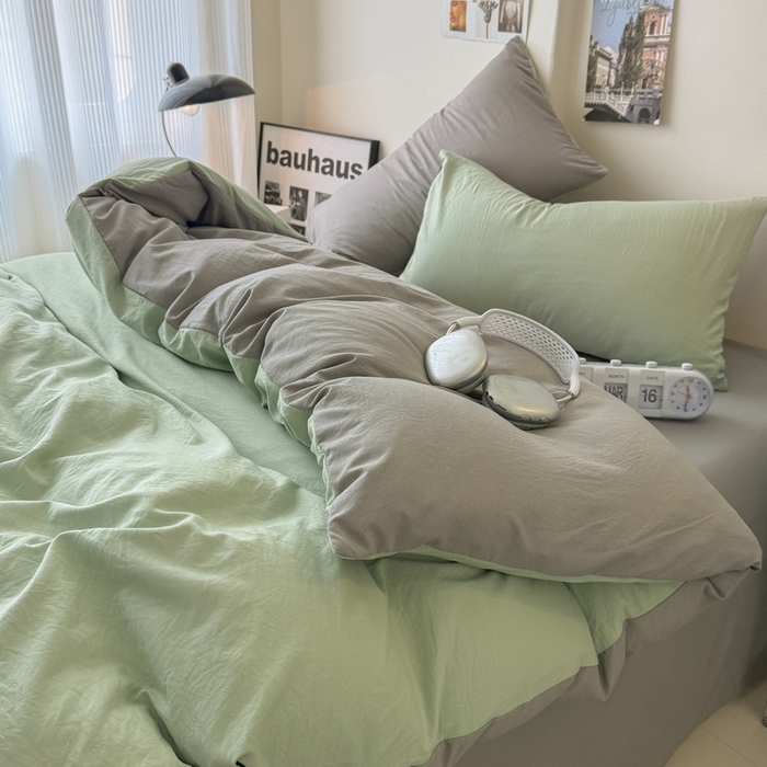 91家纺网 家纺一手货源 找家纺 桔禾家纺 2025新款ins风纯色水洗棉四件套双拼水洗棉学生三件套四件套 果绿浅灰