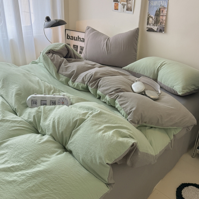 91家纺网 家纺一手货源 找家纺 桔禾家纺 2025新款ins风纯色水洗棉四件套双拼水洗棉学生三件套四件套 果绿浅灰